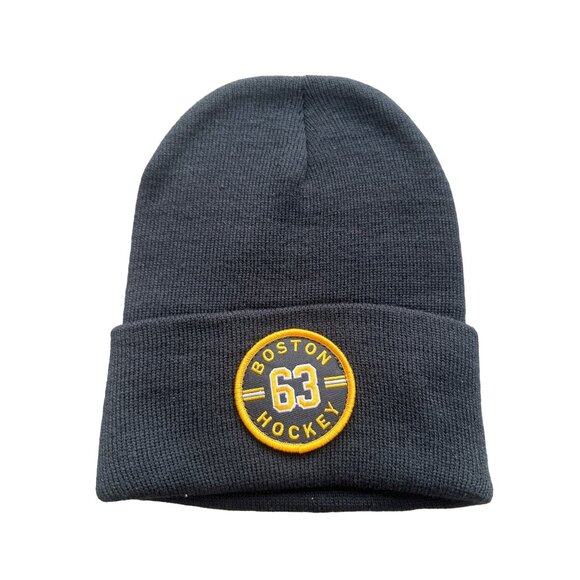 Beechfield Boston Hockey 63 Beanie Hat Unisex OS Circle Patch Black Yellow Knit - Picture 1 of 6